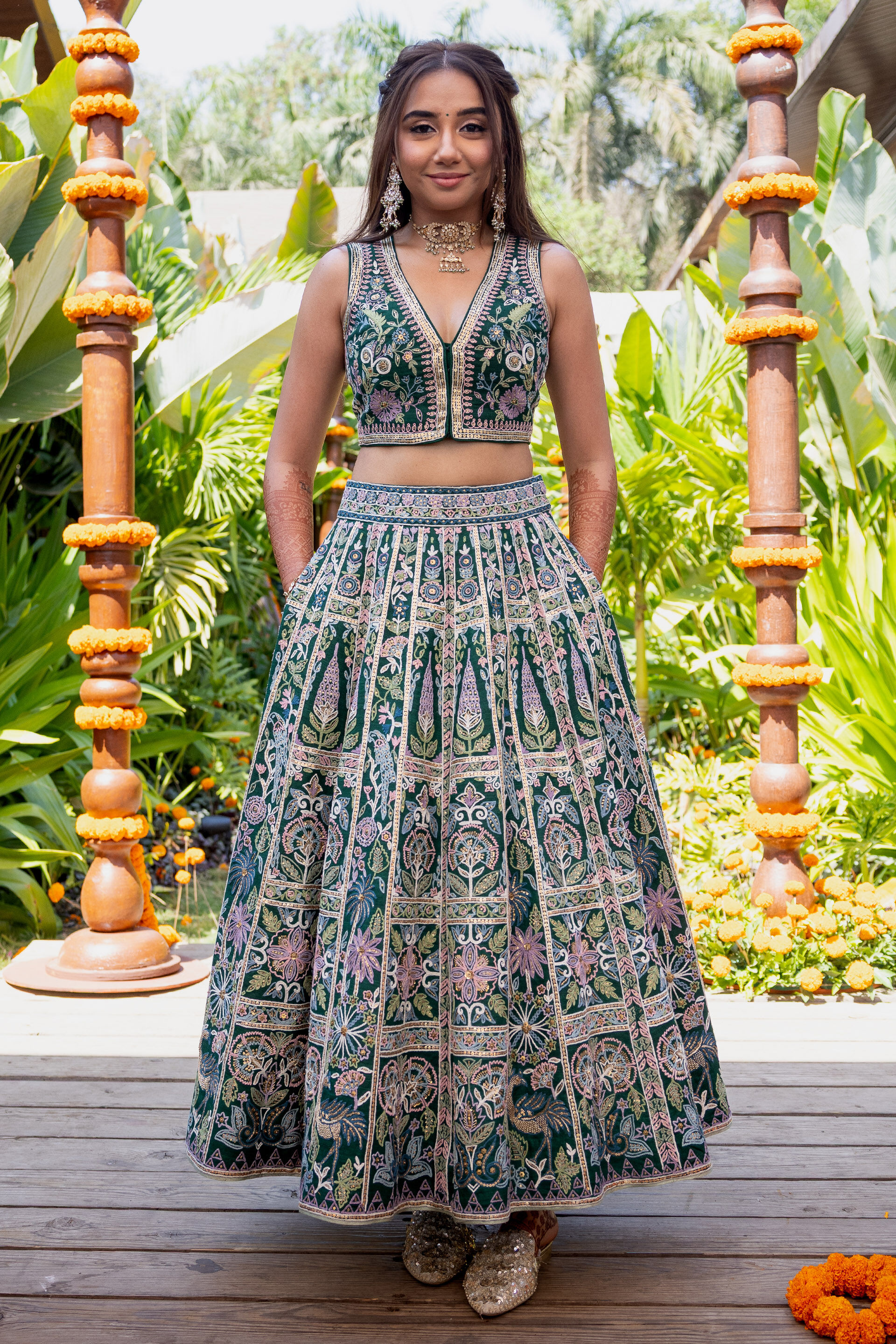 Flora Forest SEWA Hand-embroidered Skirt Set - Green